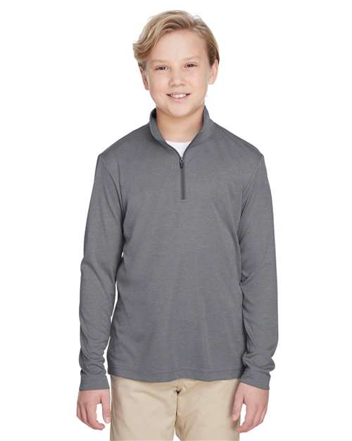 Team 365 Youth Zone Sonic Heather performance quarter-zip pullover with a lightweight, breathable design and heathered texture. Features moisture-wicking fabric and a zip-up collar, ideal for sports, school, or layering.