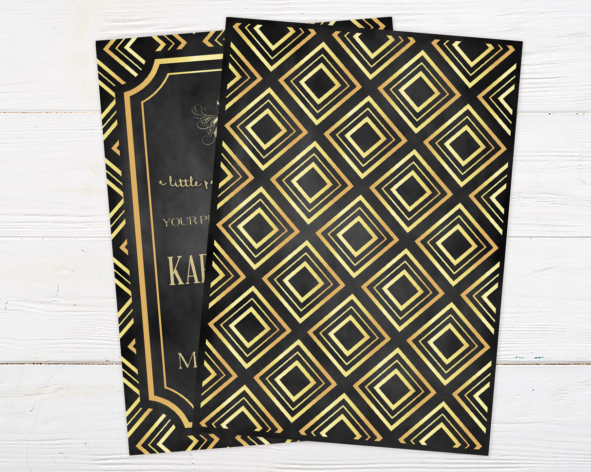 20's Party Invitation with geometric gold designs on a black background