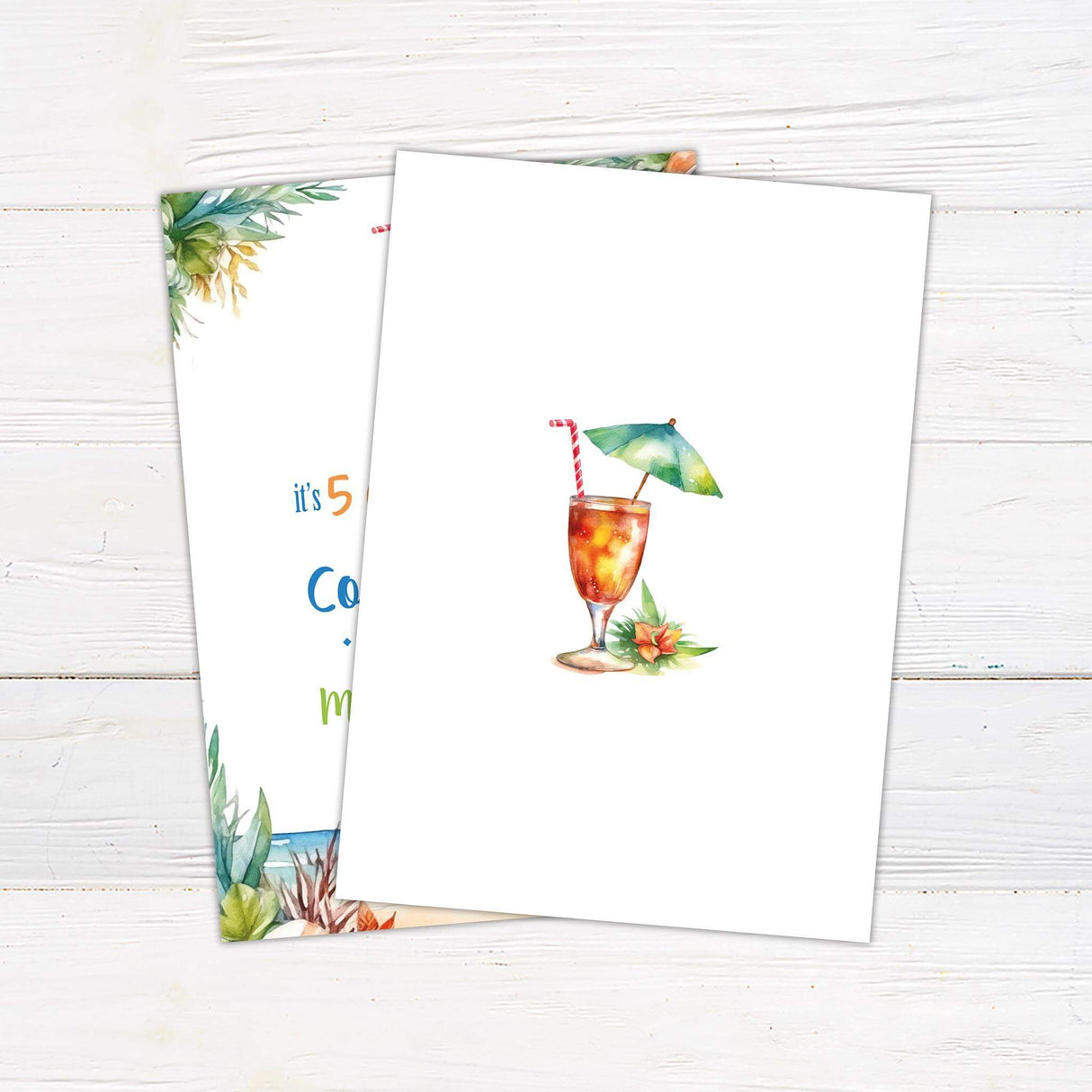 Tropical cocktail party invitation featuring a colorful watercolor design. The artwork includes a refreshing cocktail with an umbrella and straw, surrounded by lush greenery, tropical flowers, and a scenic beach background. The text is styled in playful script and bold fonts, with "It's 5 o’clock somewhere" prominently displayed at the top. Event details such as date, time, location, and honoree’s name are in a festive layout. Perfect for a summer celebration, beach party, or tropical-themed party. Back.