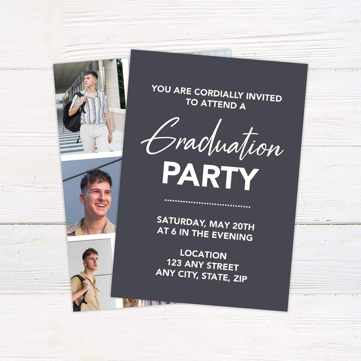 Customizable graduation invitation with seven photos on the front and graduation or party details on the back. Matching yard signs and banners available. White and Gray Back.