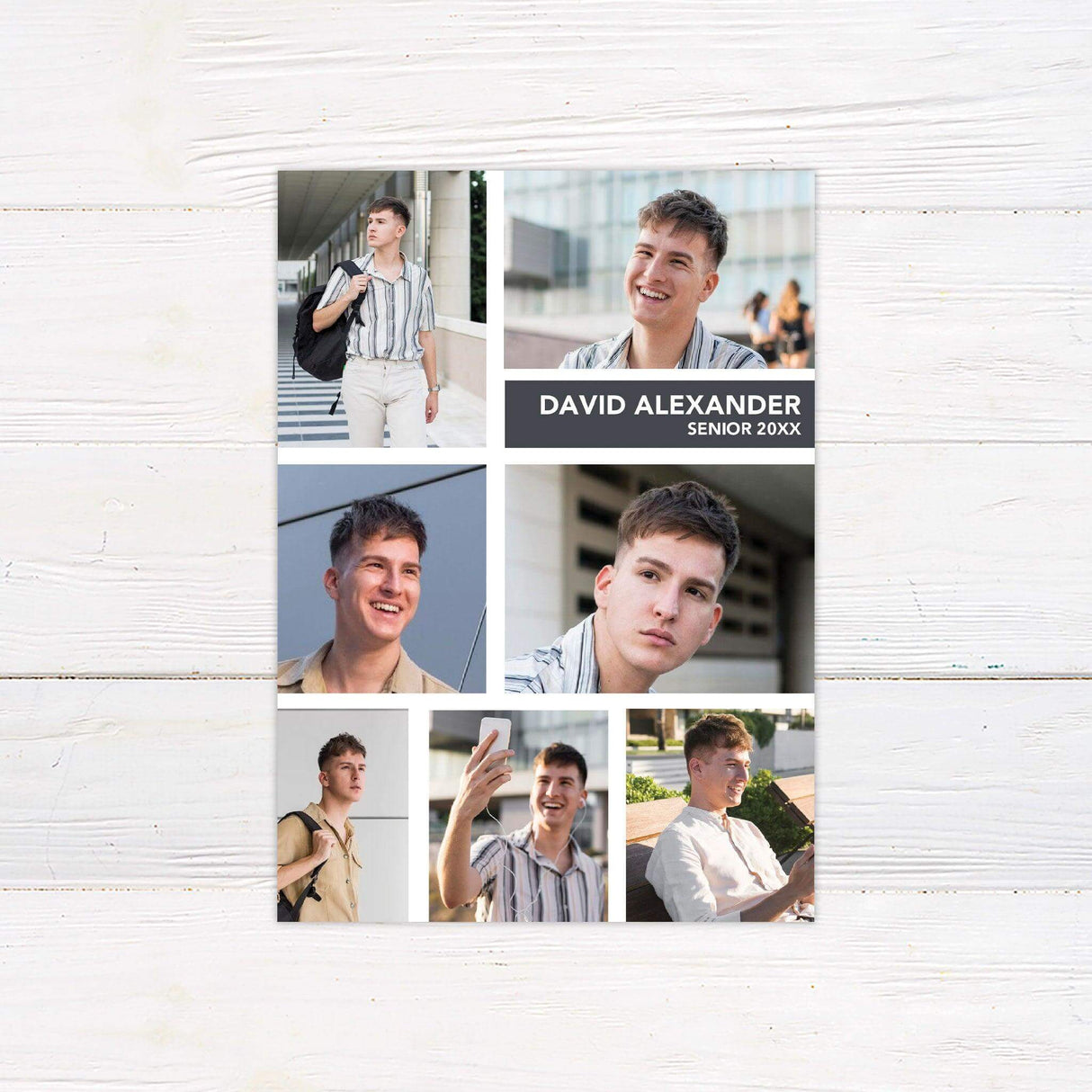 Customizable graduation invitation with seven photos on the front and graduation or party details on the back. Matching yard signs and banners available. White.