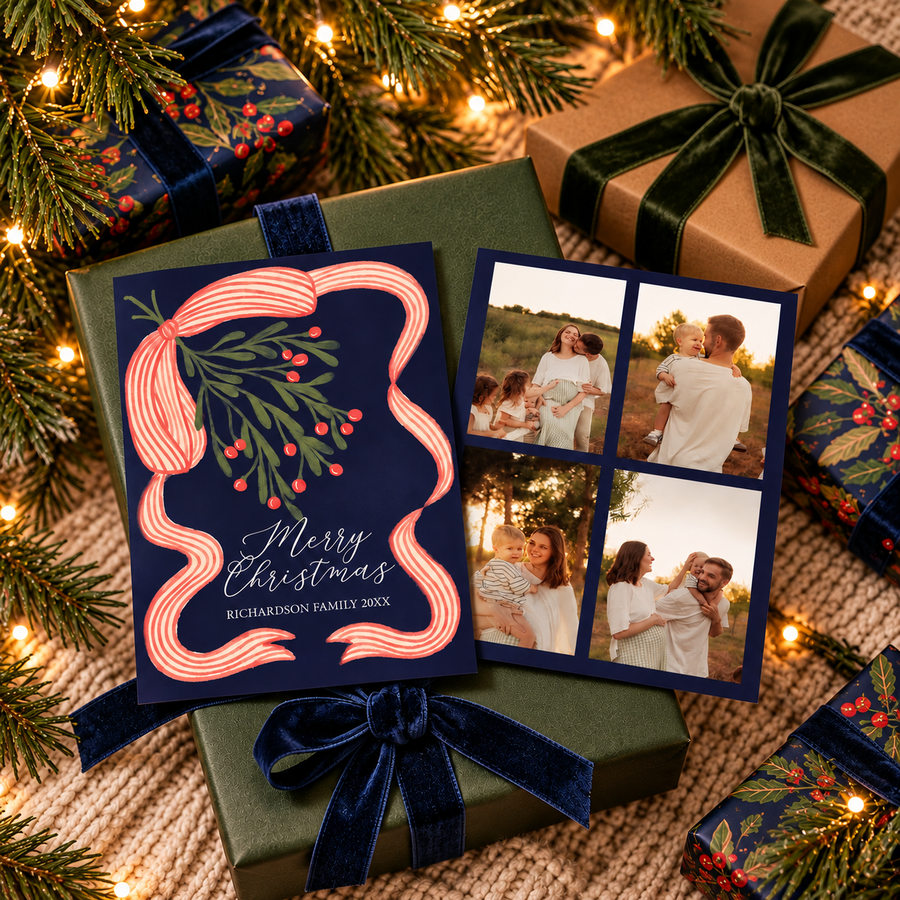 Festive Mistletoe Ribbon Personalized Christmas Photo Card