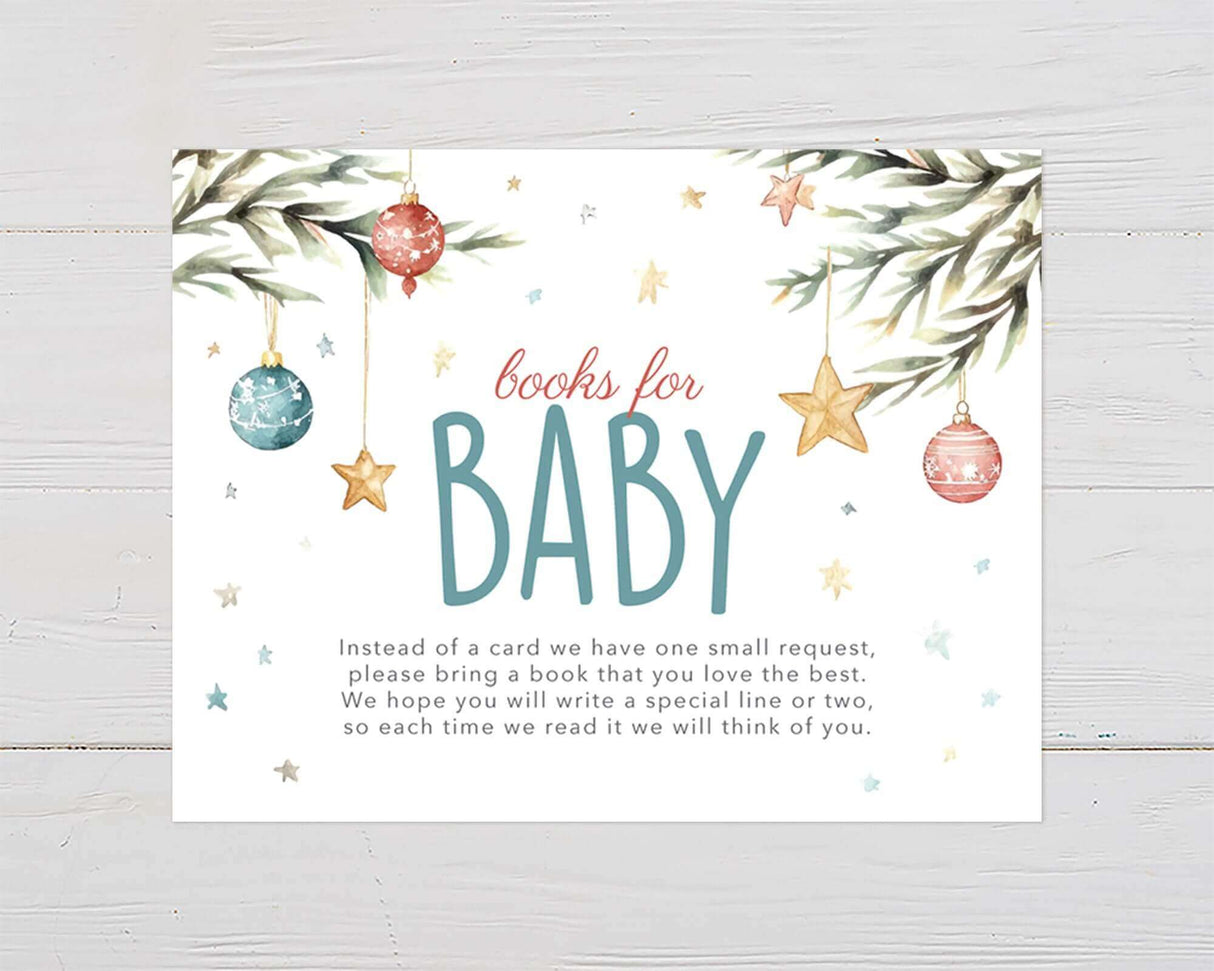 Christmas baby shower invitation with watercolor ornaments and pine branches, ideal for festive baby celebrations.