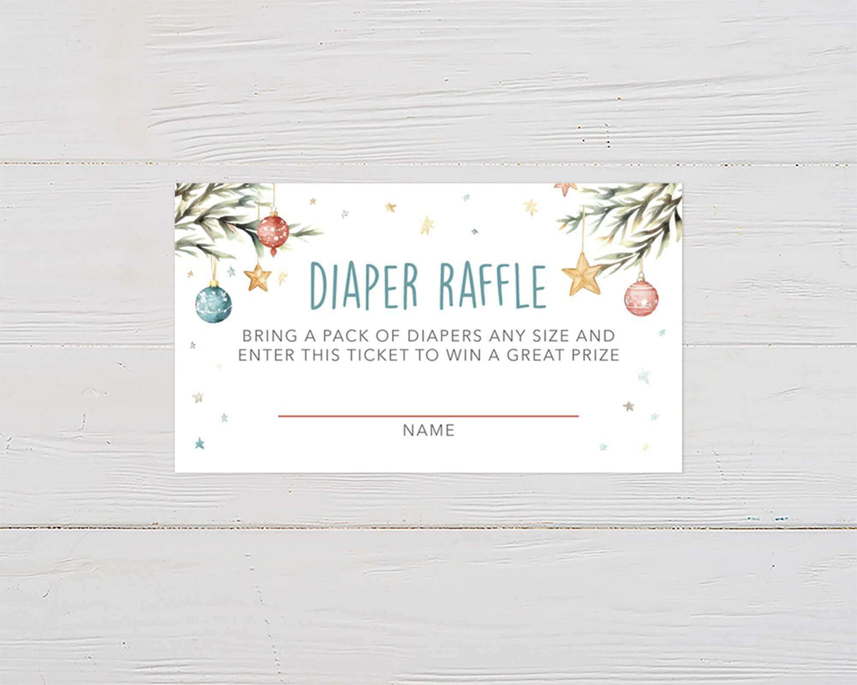 Diaper raffle ticket with Christmas ornaments and pine branches for a festive baby shower invite.