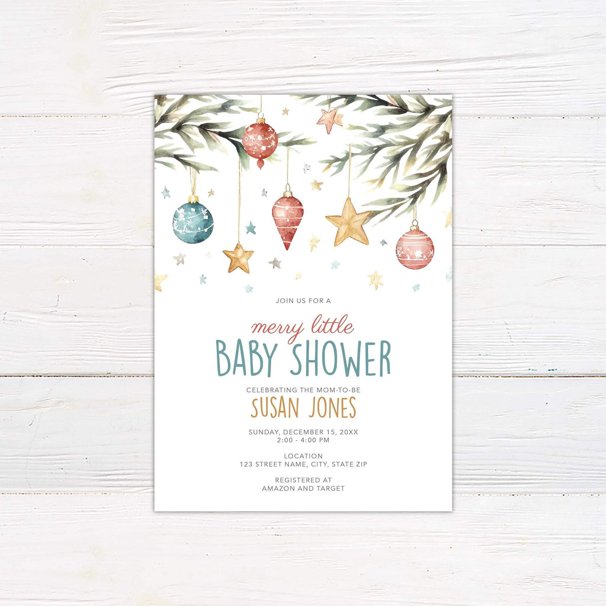 Merry Little Baby Shower Invitation with watercolor ornaments and pine branches, perfect for a Christmas-themed baby shower.