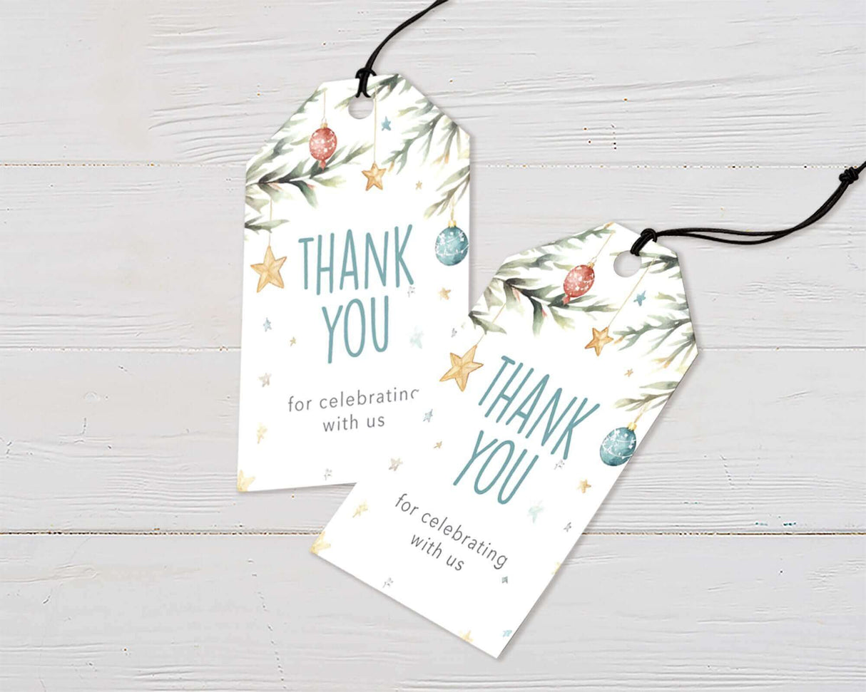 Holiday-themed thank you tags with pine branches, ornaments, and stars, perfect for Christmas or winter baby shower favors.