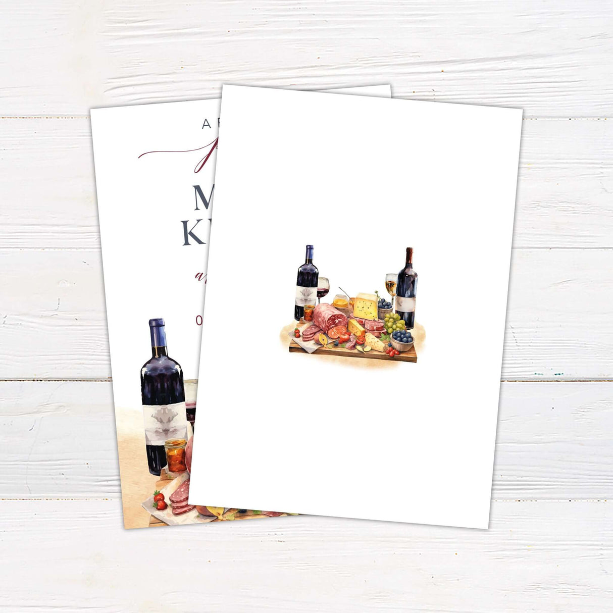 Engagement invitation with wine and cheese board illustration, perfect for celebrating love and inviting guests to a joyful event.