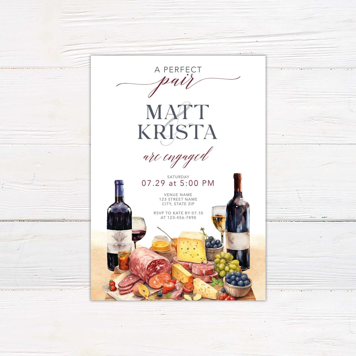 Engagement invitation card with wine and cheese theme, featuring the text "A Perfect Pair" and customizable event details.