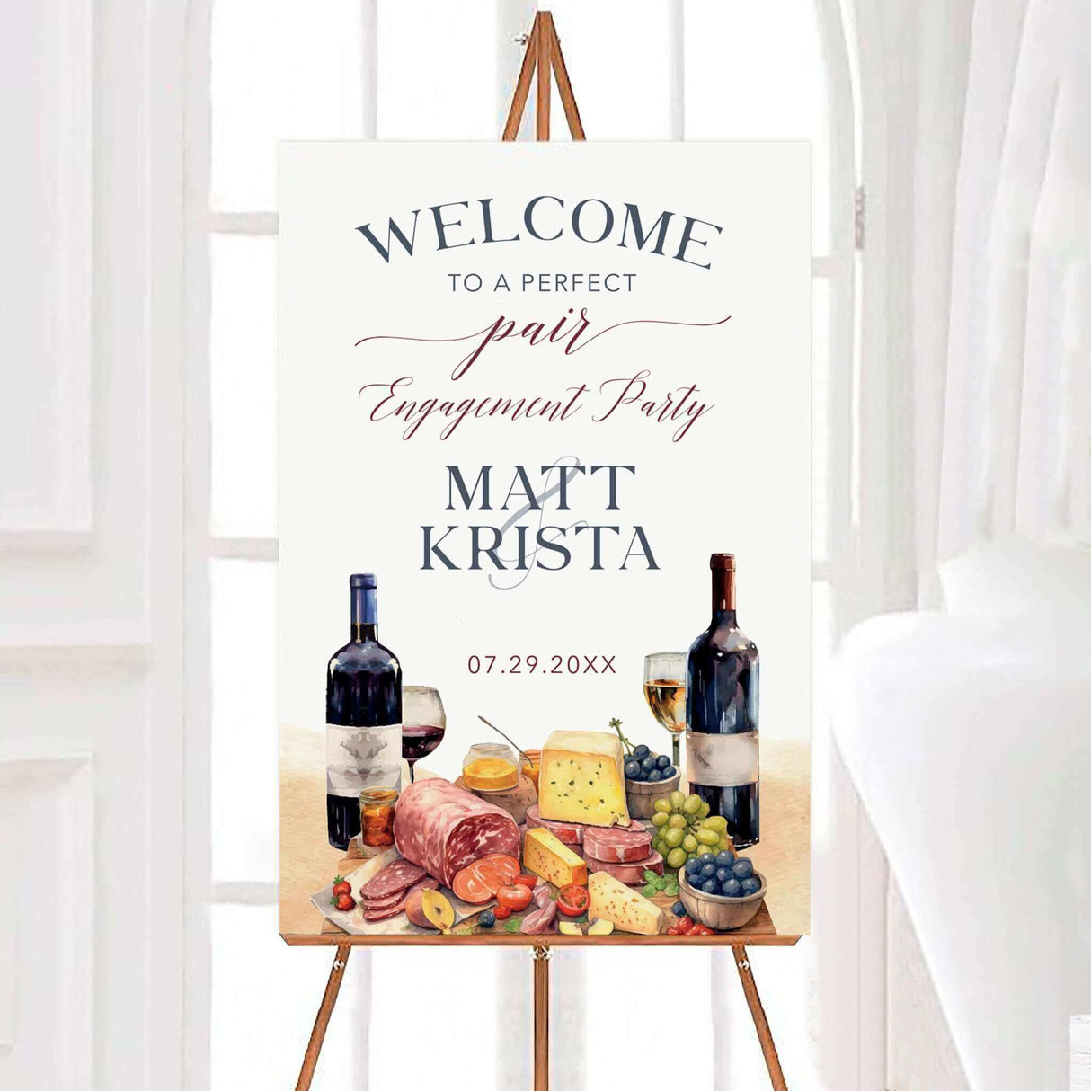 Perfect Pair Engagement Party sign featuring wine and cheese in an elegant setting.