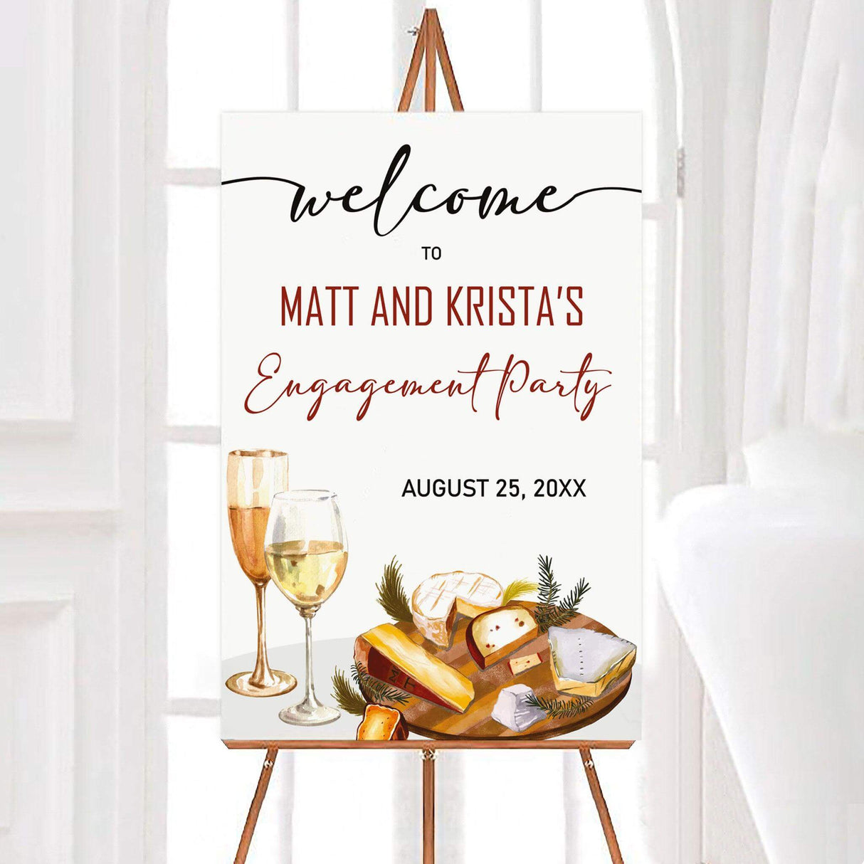Engagement party sign with wine and cheese illustration, featuring personalized welcome message for guests.