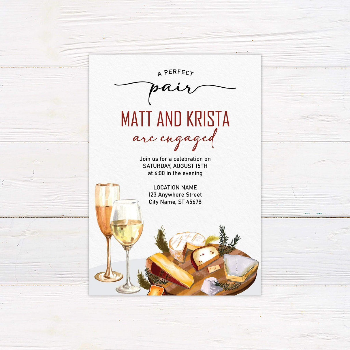 Invitation card for wine and cheese celebration with glasses, cheese platter, and event details.