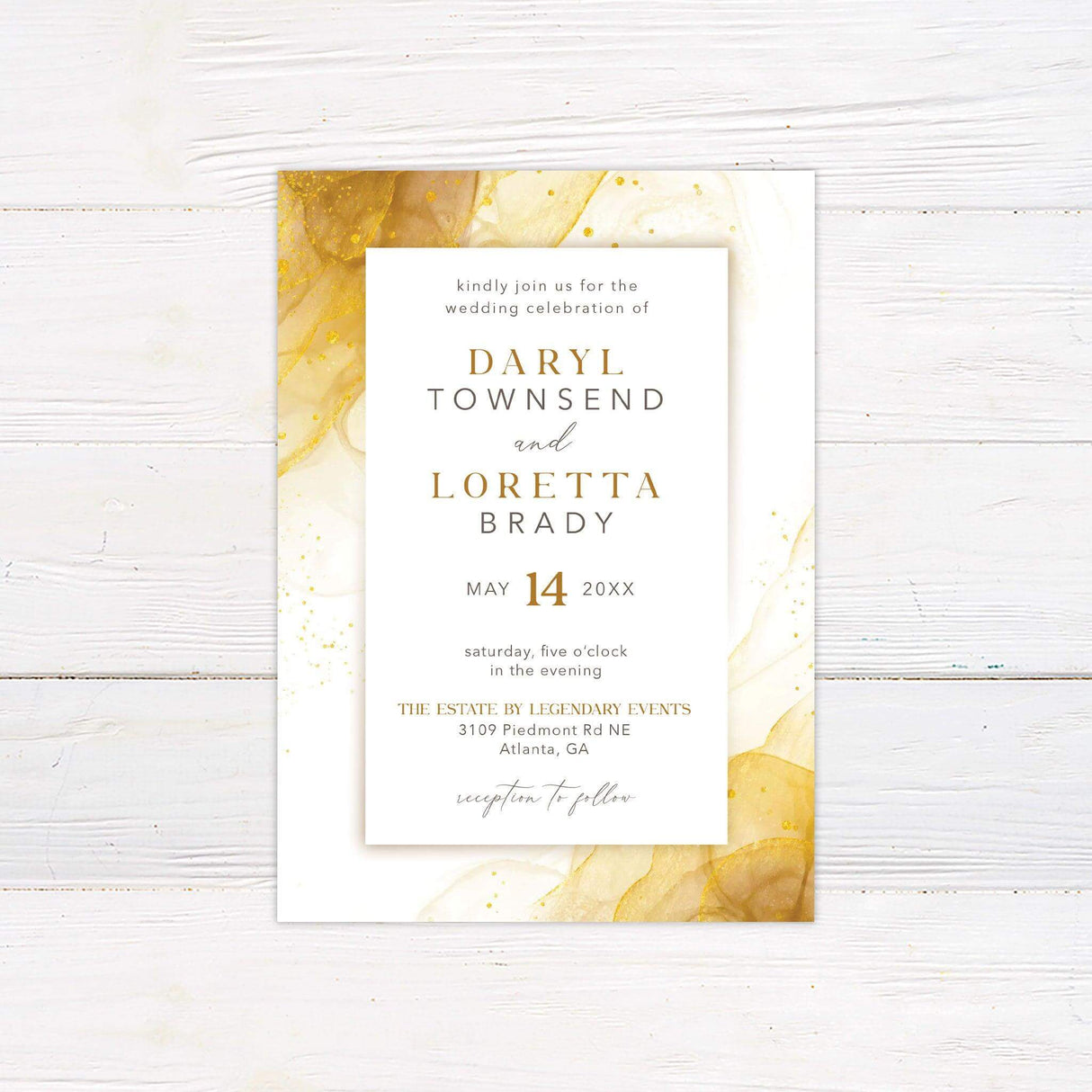 Modern abstract gold wedding invitation with marbled background, elegant serif and script fonts, and minimalist layout for formal wedding events.