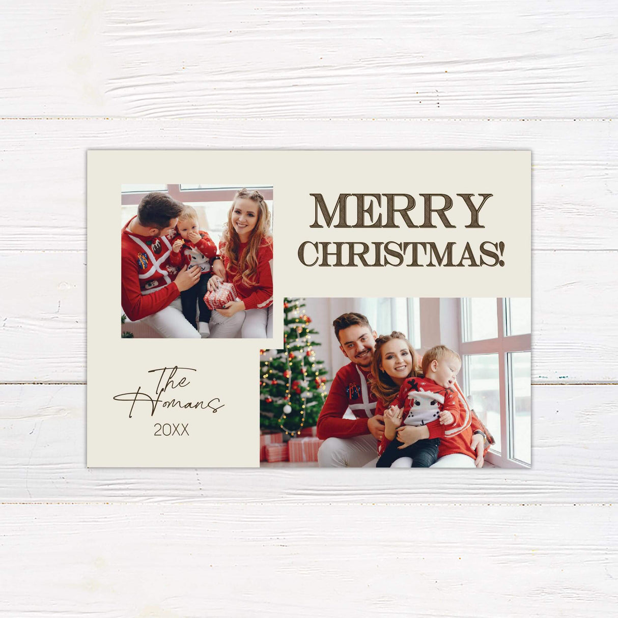 Minimalist Christmas photo card with two photo frames, bold "Merry Christmas" text, and customizable family name and year.