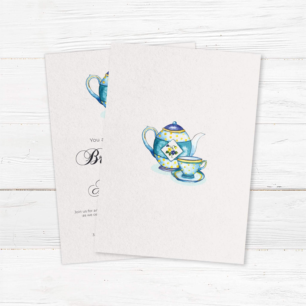 Elegant bridal tea invitation featuring a watercolor teapot and teacup design. The printed invitation includes customizable details for the bride-to-be’s name, event date, time, and location. Perfect for a sophisticated tea party celebration. Back.