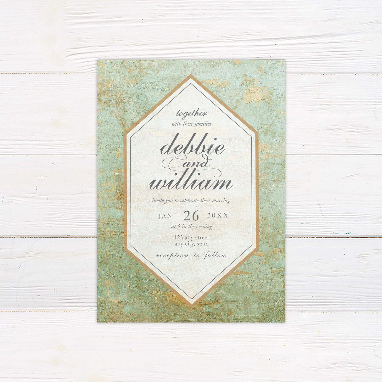 Wedding invitation with aged green copper texture background and gold geometric border.