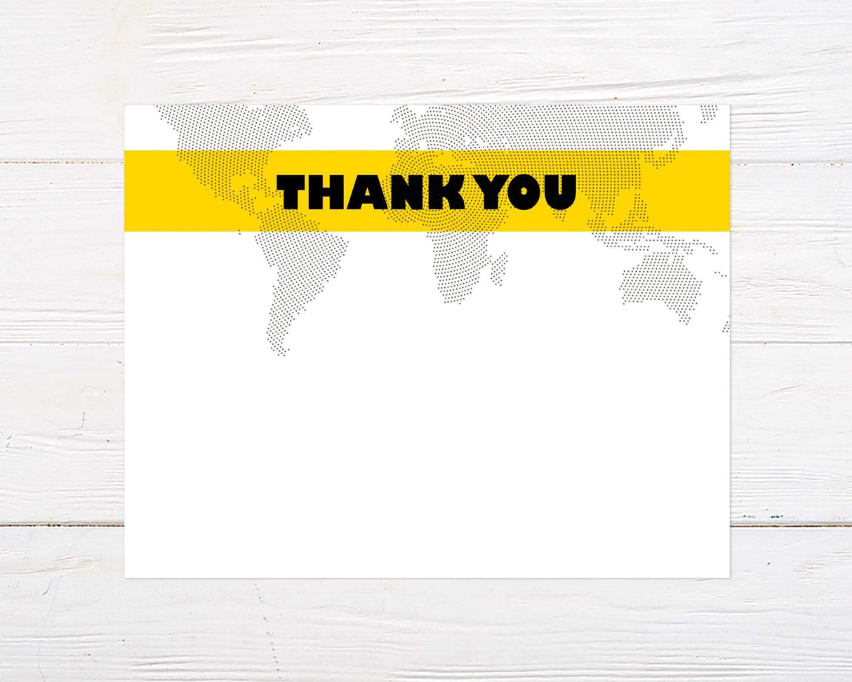 This thank you card features bold black text on a bright yellow horizontal banner across a dotted world map background. The design is clean and modern, with a travel or global theme.
