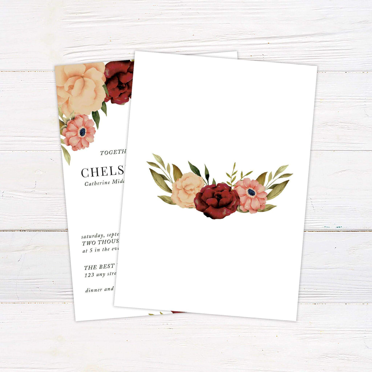 Wedding invitation with watercolor peach and burgundy flowers, white background, and elegant serif fonts. Perfect for fall or garden weddings. back