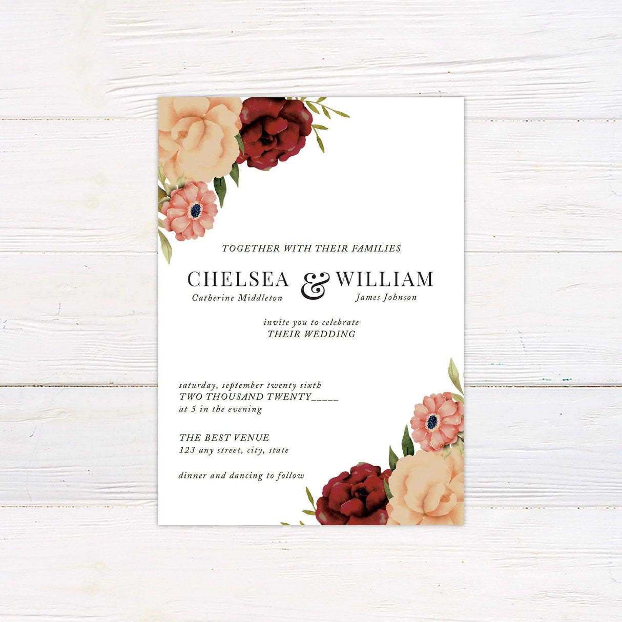 Wedding invitation with watercolor peach and burgundy flowers, white background, and elegant serif fonts. Perfect for fall or garden weddings.