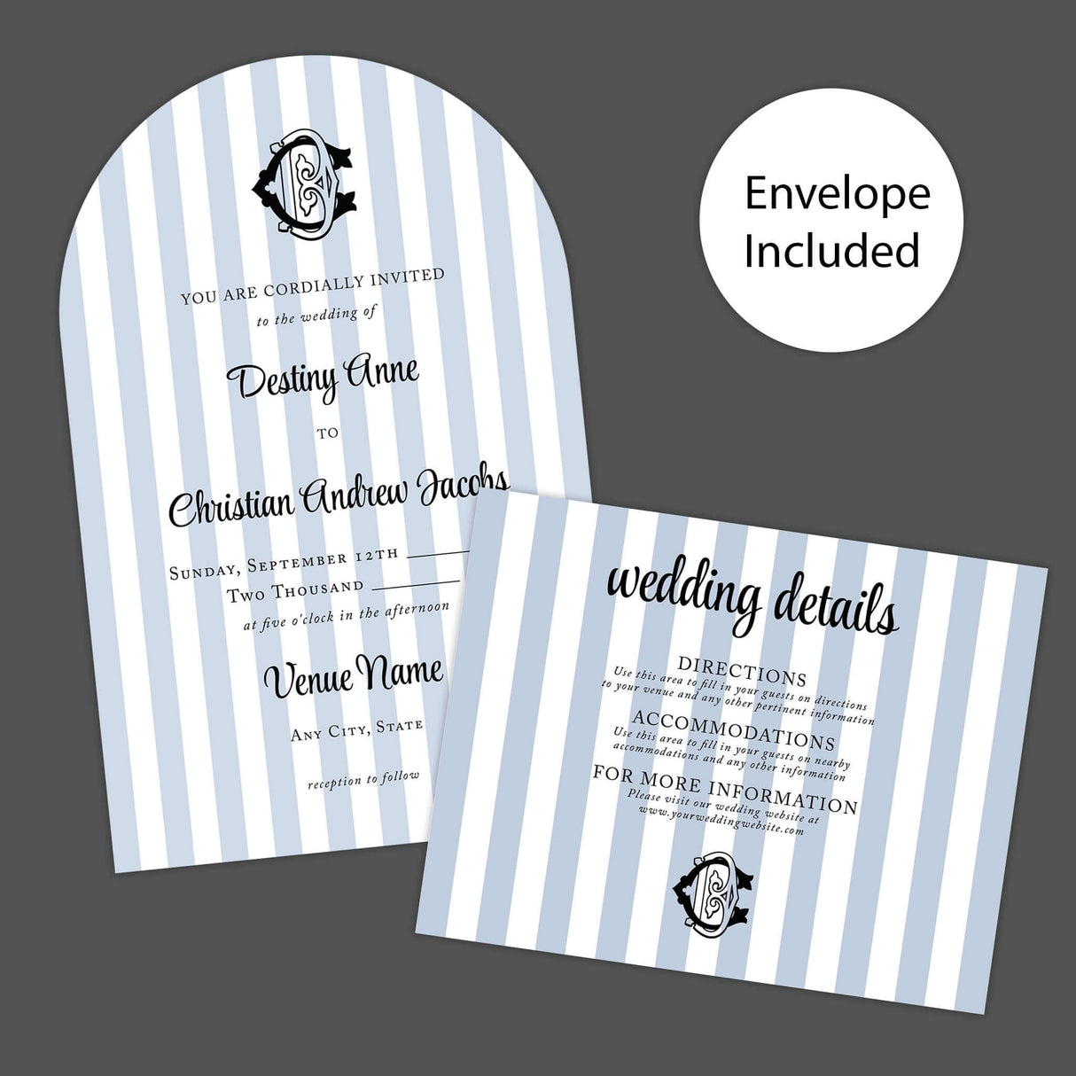 Arched wedding invitation with vertical light blue and white stripes, elegant black crest monogram at the top, and a mix of serif and script fonts for a classic and refined look, ideal for coastal or nautical wedding themes. Invite and Details