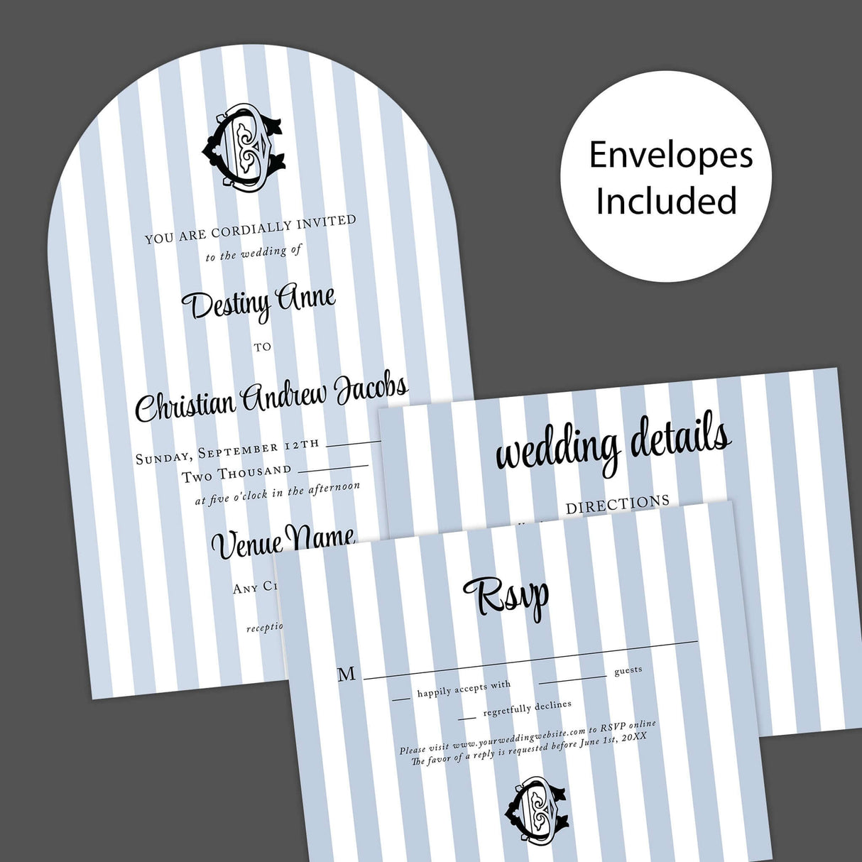 Arched wedding invitation with vertical light blue and white stripes, elegant black crest monogram at the top, and a mix of serif and script fonts for a classic and refined look, ideal for coastal or nautical wedding themes. Invite, RSVP and Details