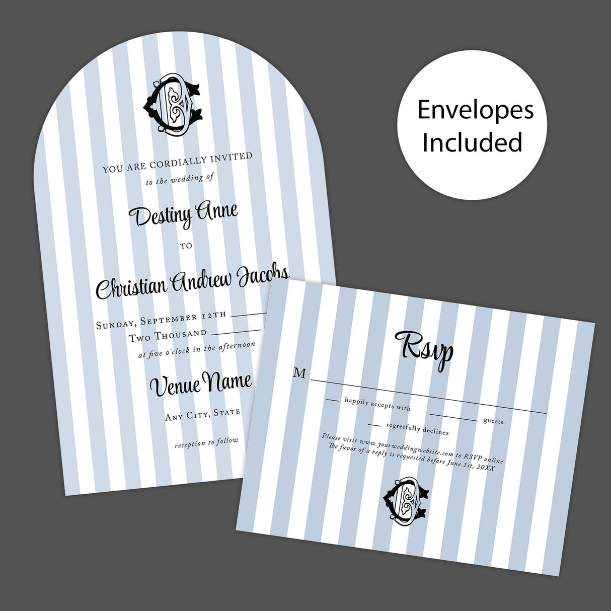 Arched wedding invitation with vertical light blue and white stripes, elegant black crest monogram at the top, and a mix of serif and script fonts for a classic and refined look, ideal for coastal or nautical wedding themes. invite and RSVP