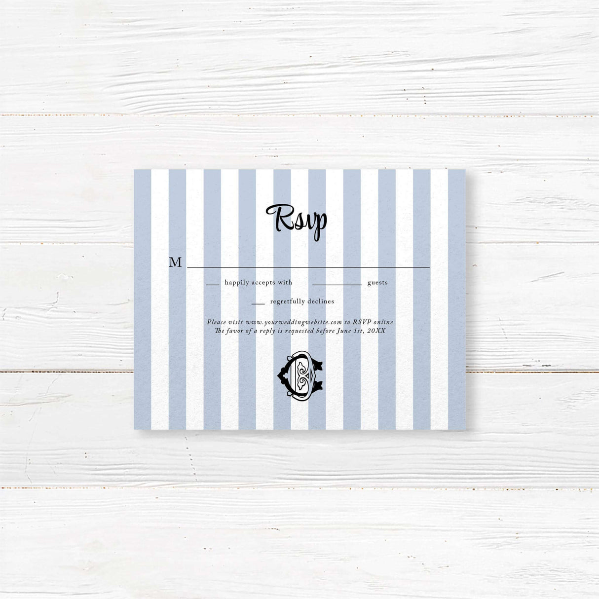 Wedding RSVP card featuring matching blue and white vertical stripes, a coordinating black monogram crest, and traditional RSVP response format with elegant typography.