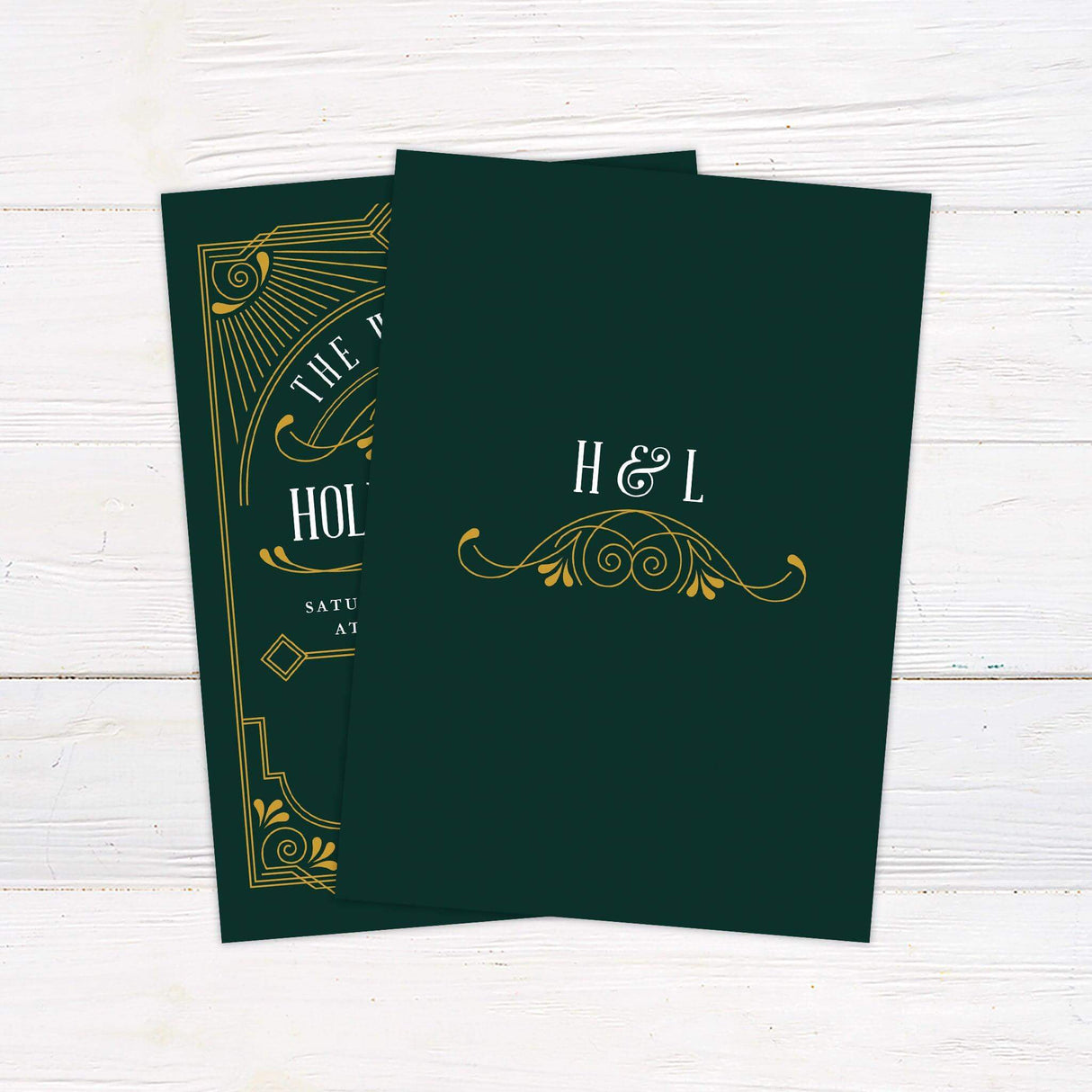 Art Deco wedding invitation with emerald green background, gold geometric details, and vintage fonts—perfect for elegant Gatsby-inspired weddings. back