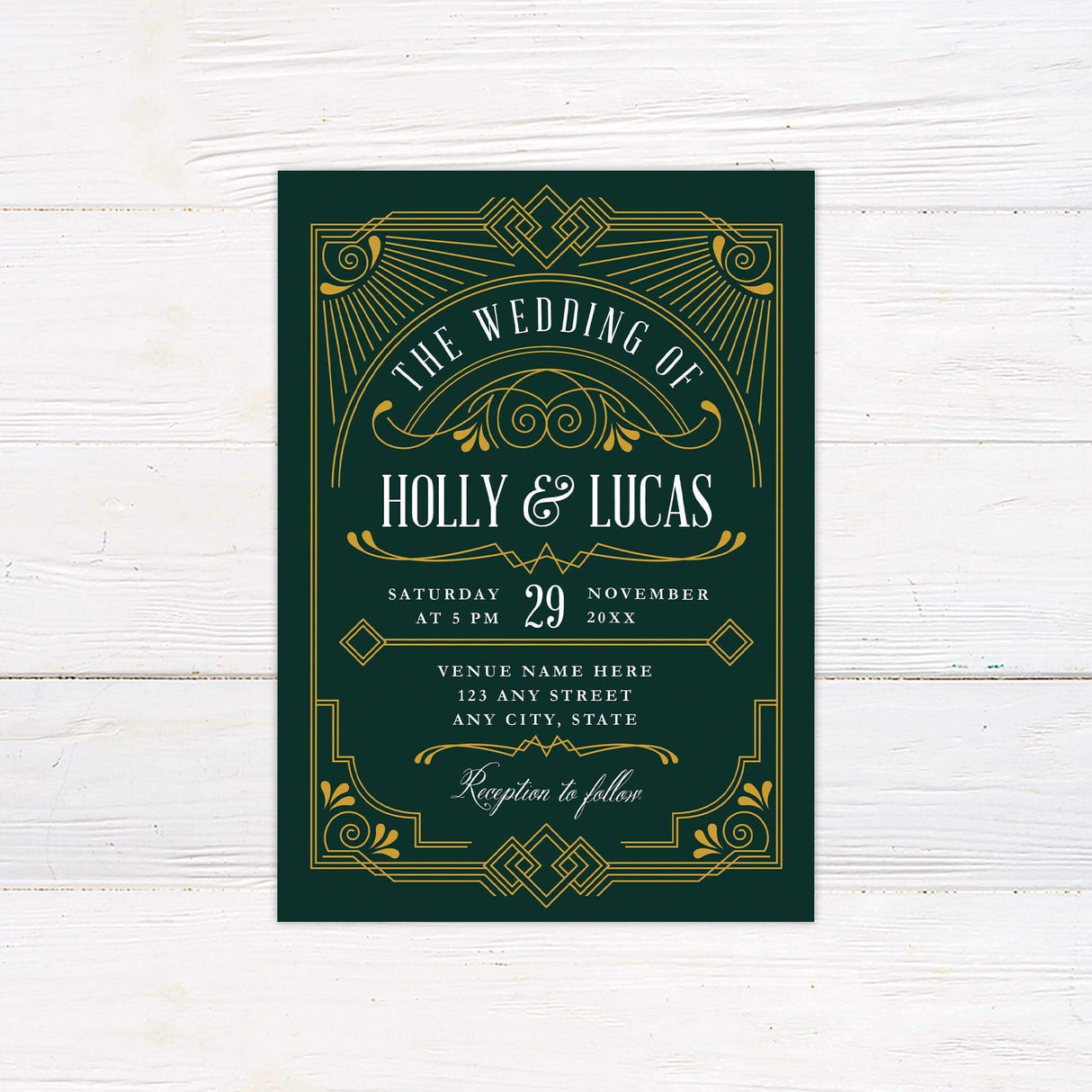 Art Deco wedding invitation with emerald green background, gold geometric details, and vintage fonts—perfect for elegant Gatsby-inspired weddings.