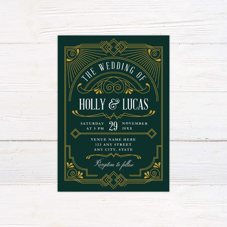 Art Deco wedding invitation with emerald green background, gold geometric details, and vintage fonts—perfect for elegant Gatsby-inspired weddings.