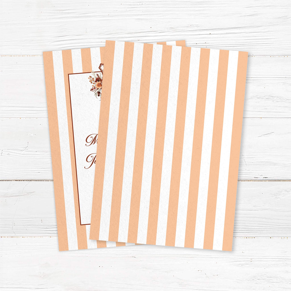 Autumn wedding invitation with floral crest monogram, terracotta and peach vertical stripes, classic script and serif fonts, and a white background for a rustic elegant wedding. - back side