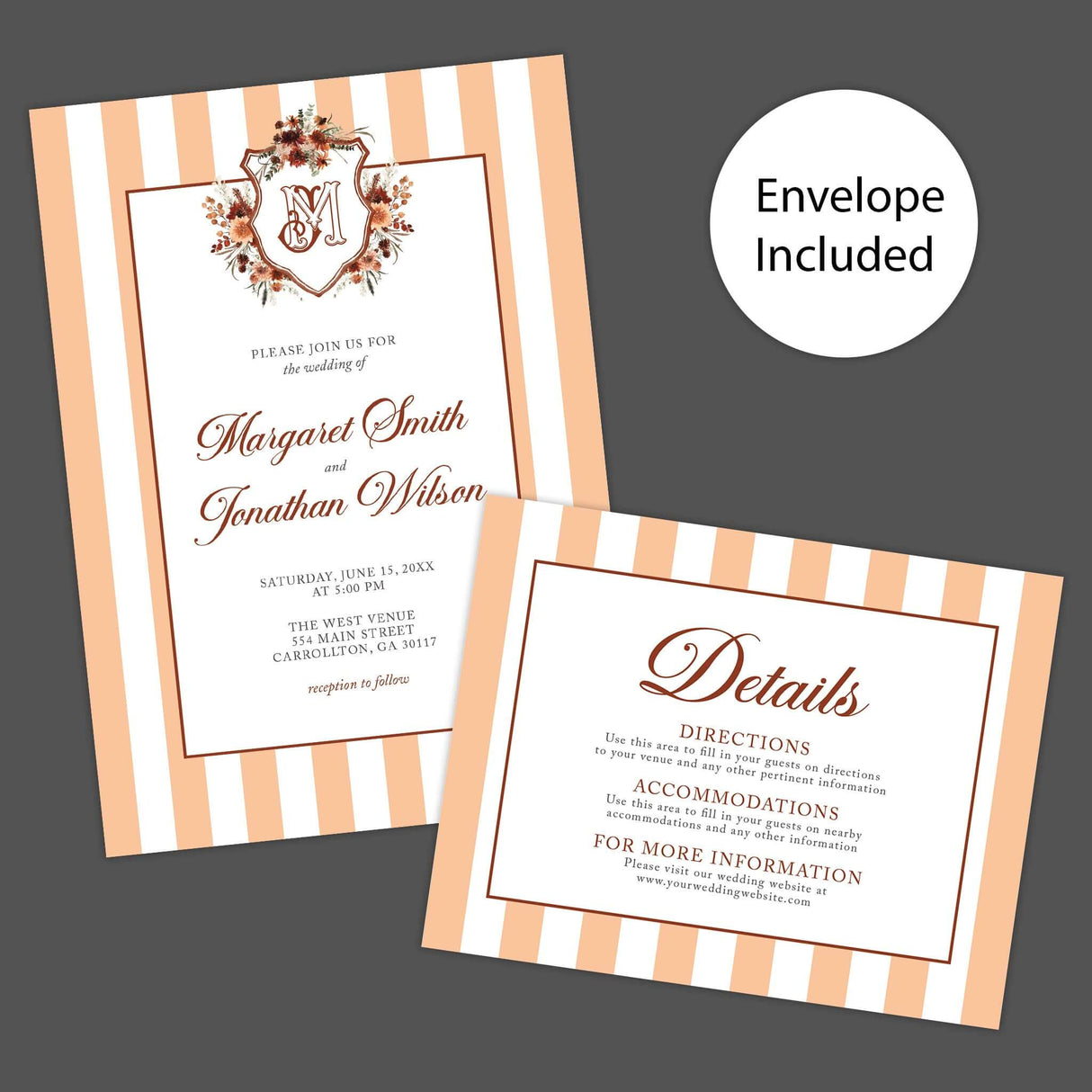 Autumn Crest Fall Wedding Invitation with floral monogram, striped design, elegant fonts, and envelope included.