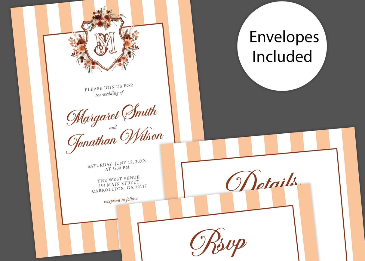 Autumn Crest fall wedding invitation with floral monogram, peach stripes, and white panel, featuring serif and calligraphy fonts.