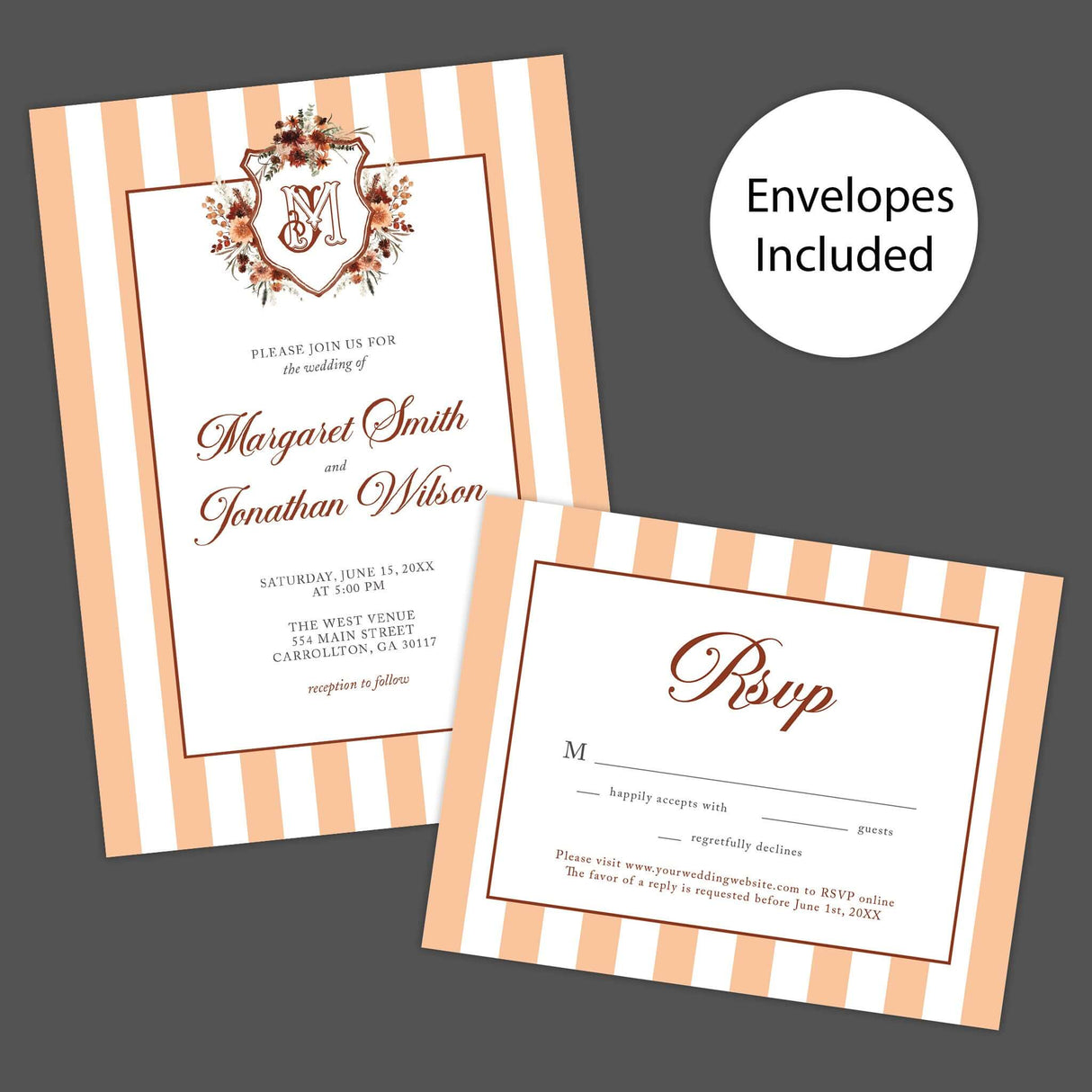 Autumn Crest Fall Wedding Invitation with floral monogram, terracotta-peach stripes, RSVP card, envelopes included.