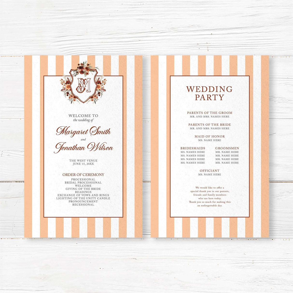 Wedding ceremony program featuring fall floral crest, terracotta and peach vertical stripes, and classic fonts matching an elegant autumn wedding stationery suite.