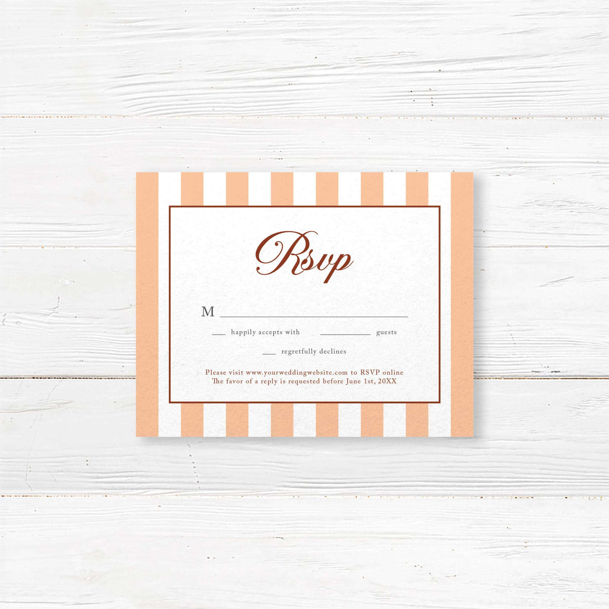Coordinating RSVP card for autumn wedding suite with floral monogram, serif fonts, terracotta and peach vertical stripes, and premium white cardstock background.
