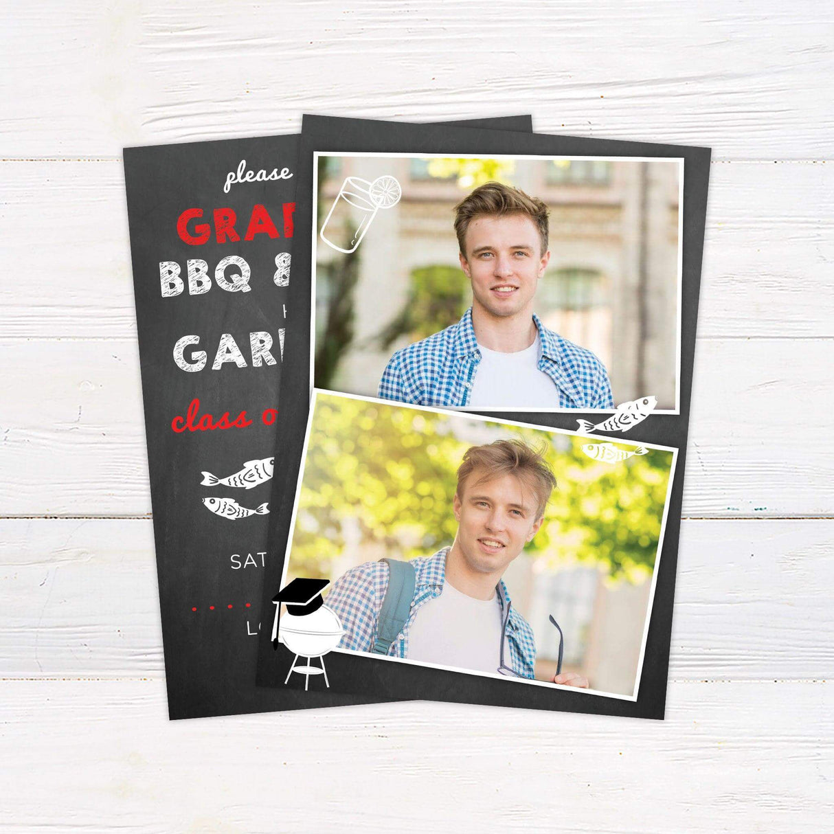 Custom printed graduation BBQ and fish fry invitation with a chalkboard-style background, playful grill and fish illustrations, and bold typography. Features personalized details including graduate’s name, class year, and event information. Ideal for high school or college graduation parties with a backyard barbecue theme. red back