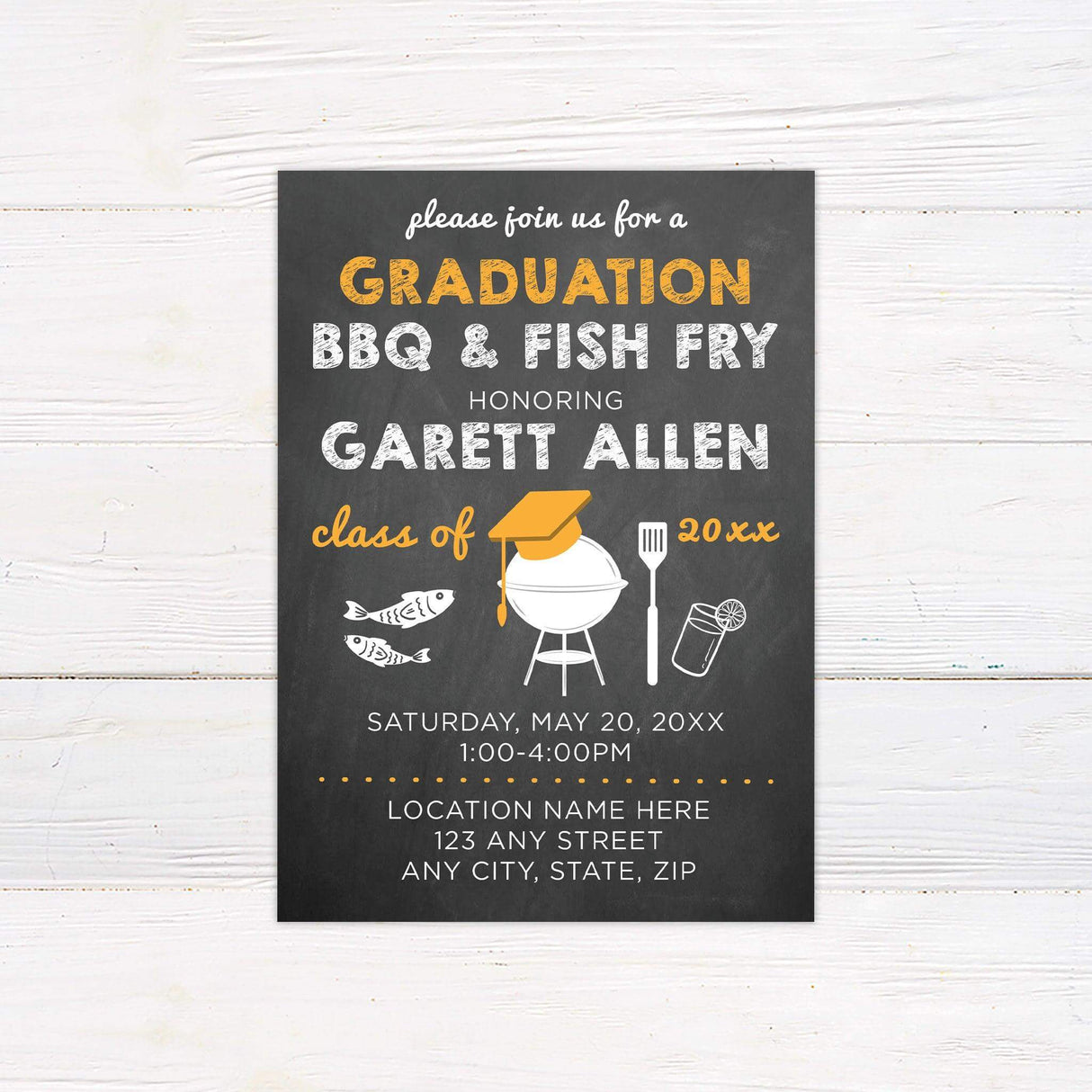 Custom printed graduation BBQ and fish fry invitation with a chalkboard-style background, playful grill and fish illustrations, and bold typography. Features personalized details including graduate’s name, class year, and event information. Ideal for high school or college graduation parties with a backyard barbecue theme. gold