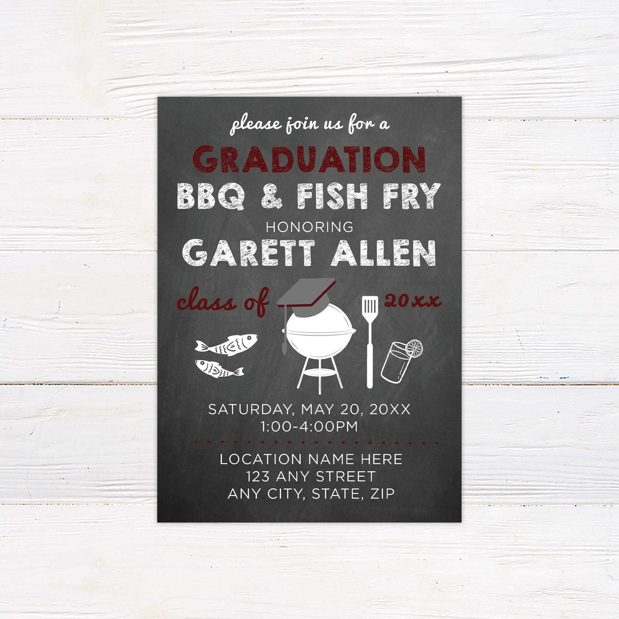 Custom printed graduation BBQ and fish fry invitation with a chalkboard-style background, playful grill and fish illustrations, and bold typography. Features personalized details including graduate’s name, class year, and event information. Ideal for high school or college graduation parties with a backyard barbecue theme. burgundy