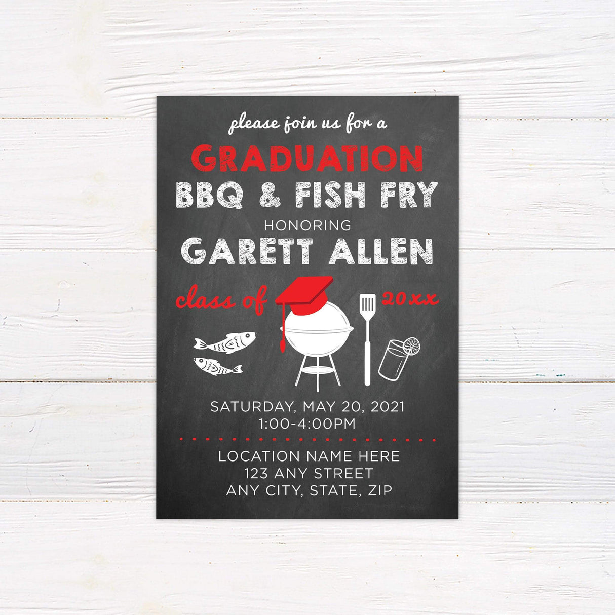 Custom printed graduation BBQ and fish fry invitation with a chalkboard-style background, playful grill and fish illustrations, and bold typography. Features personalized details including graduate’s name, class year, and event information. Ideal for high school or college graduation parties with a backyard barbecue theme. red