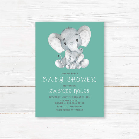 Baby shower invitation with watercolor-style baby elephant design and personalized event details, professionally printed on high-quality cardstock