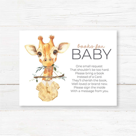 Printed books for baby request card featuring a watercolor baby giraffe with a tiny onesie and floral elements. This elegant insert asks guests to bring a book instead of a card to help build the baby’s first library. Professionally printed on high-quality cardstock, pre-cut, and designed to fit standard invitation envelopes. A meaningful addition to any jungle, safari, or boho baby shower theme with a gender-neutral appeal.