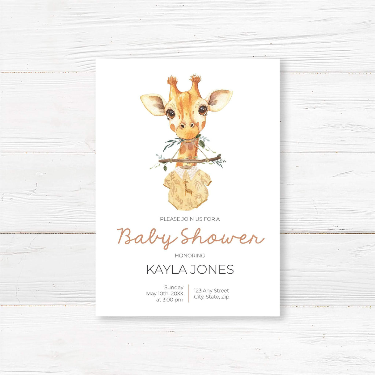 Printed safari baby shower invitation featuring a hand-painted baby giraffe illustration holding a wooden branch with a baby onesie. The watercolor design adds a whimsical and neutral touch, perfect for jungle, safari, or boho baby showers. Printed on thick, high-quality cardstock and includes envelopes. Fully customizable with honoree’s name, event details, and registry information for a beautifully coordinated baby shower.