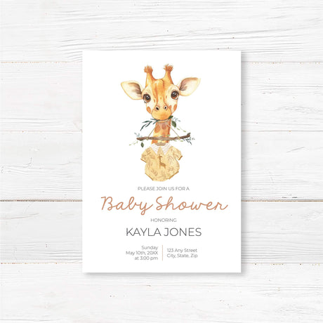 Printed safari baby shower invitation featuring a hand-painted baby giraffe illustration holding a wooden branch with a baby onesie. The watercolor design adds a whimsical and neutral touch, perfect for jungle, safari, or boho baby showers. Printed on thick, high-quality cardstock and includes envelopes. Fully customizable with honoree’s name, event details, and registry information for a beautifully coordinated baby shower.
