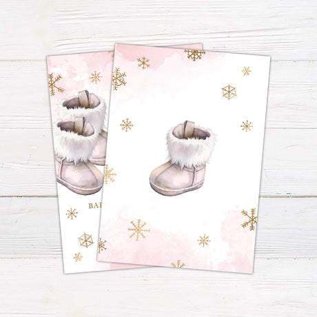 Baby It's Cold Outside pink baby shower invitation with fluffy boot illustration and snowflake design.