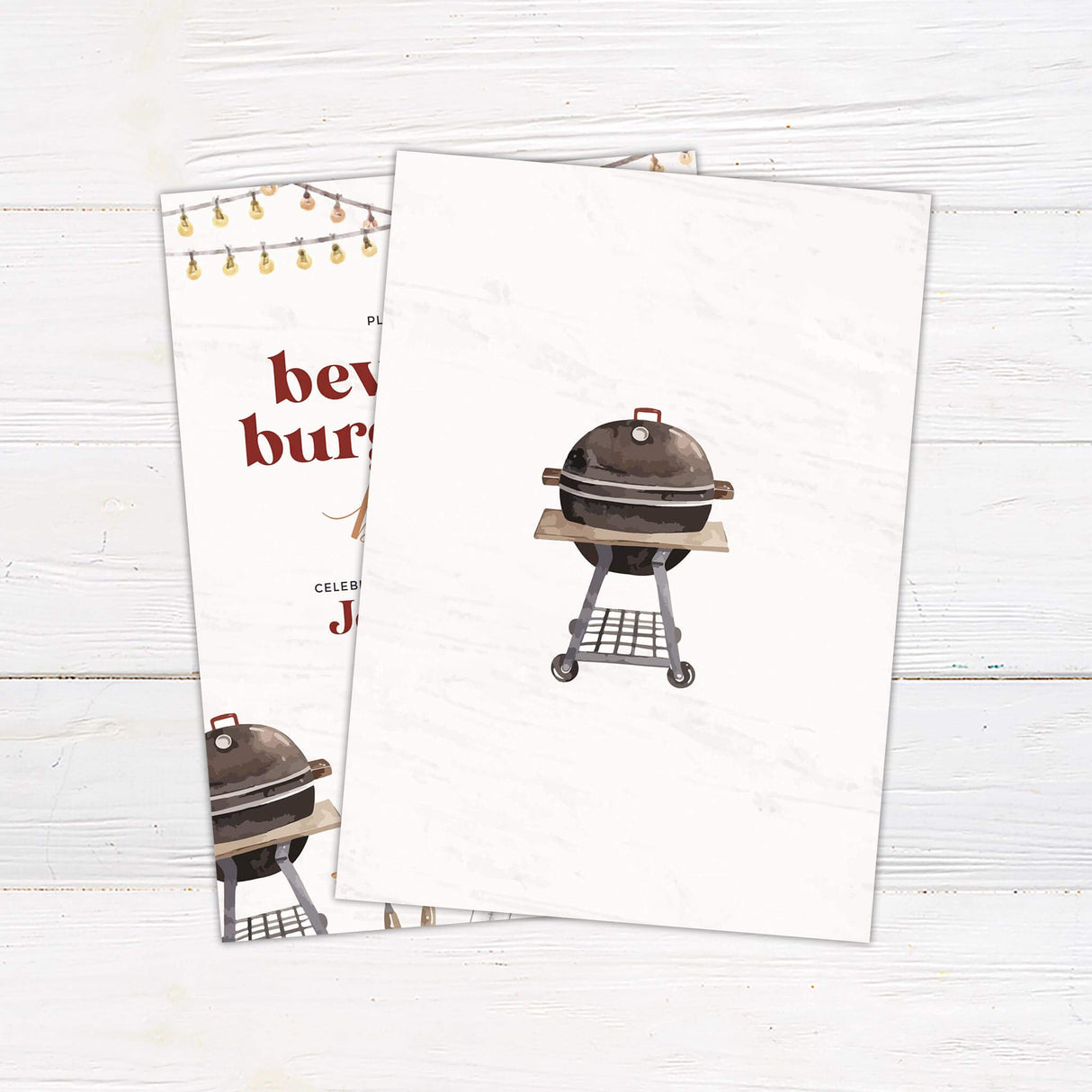 Baby BBQ invitation featuring string lights, a barbecue grill, and baby items with watercolor illustrations. Warm tones and elegant typography create a fun outdoor event theme. Adorable details like grilling utensils, baby shoes, and a bottle add charm. Perfect for celebrating parents-to-be with good food and great company. Includes event details such as date, time, location, and RSVP information. Back.