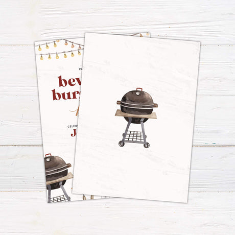 Baby BBQ invitation featuring string lights, a barbecue grill, and baby items with watercolor illustrations. Warm tones and elegant typography create a fun outdoor event theme. Adorable details like grilling utensils, baby shoes, and a bottle add charm. Perfect for celebrating parents-to-be with good food and great company. Includes event details such as date, time, location, and RSVP information. Back.