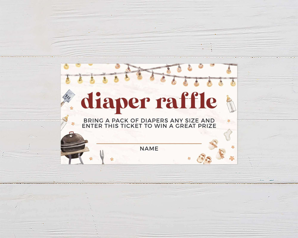 Diaper raffle ticket with barbecue grill and string lights for a backyard baby shower invitation.