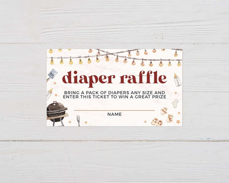 Diaper raffle ticket with barbecue grill and string lights for a backyard baby shower invitation.