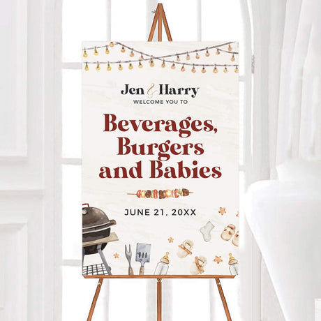 Baby shower sign with a BBQ theme featuring string lights, a grill, baby items, and utensils. The text reads "beverages, burgers, and babies," inviting guests to celebrate the parents-to-be.  Warm tones and watercolor-style illustrations create a cozy, rustic feel. Perfect for a casual and fun baby shower gathering.