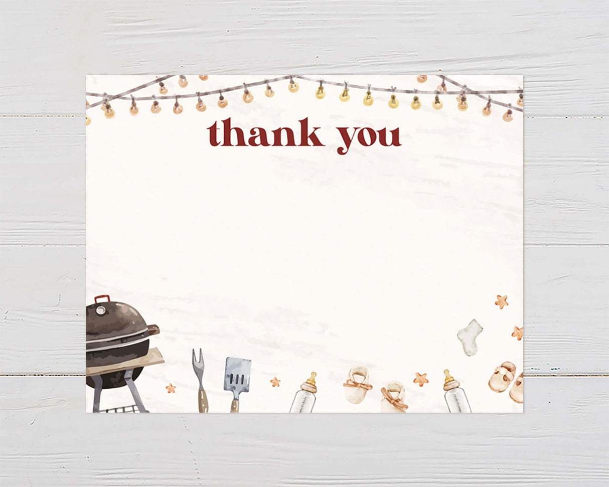 Baby-Q thank you card with barbecue, string lights, and baby-themed illustrations for outdoor baby shower events.